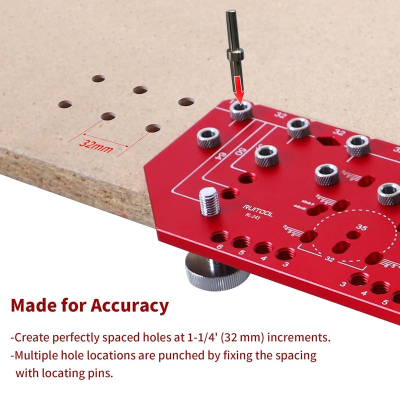 RUITOOL Shelf Pin Jig and Hinge Jig Two-in-One, Self-contained Clamping Function All Metal Shelf Pin Drilling Jig with 1/4" and 5mm Drill Bits, Shelf and Cabinet Hardware Jig Tool Drill Guide - Image 5